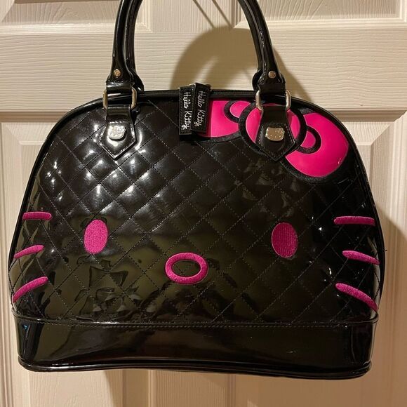 Hello KittyLoungefly Black patent quilted Large Dome bag fuchsia face embroidery - Picture 6 of 16